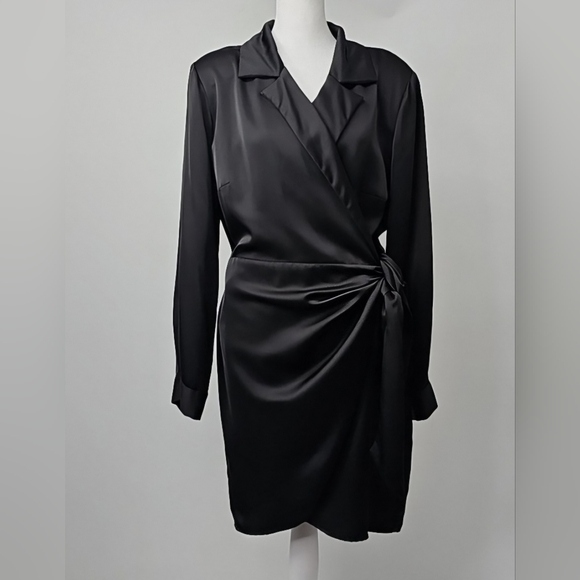 Eloquii Elegant Black Satin Wrap Dress Padded Shoulders Tulip Hemline - Picture 12 of 15